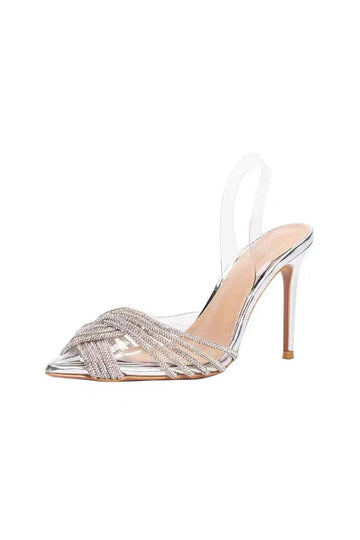 Sandalias de tacón de aguja con correa transparente de diamantes de imitación plateados